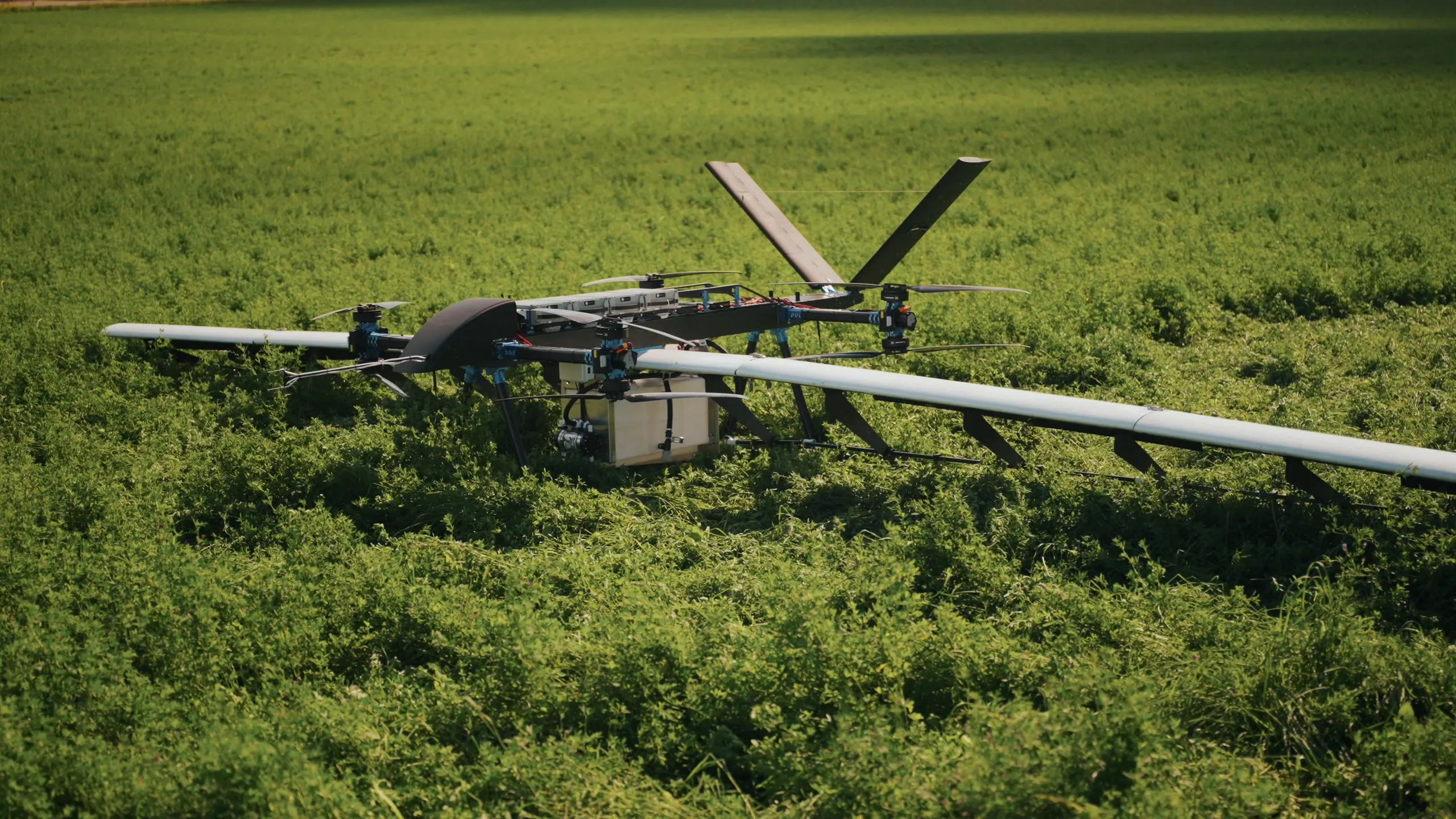 The U9 Spray sitting in standing green crop with its wings and spray boom extended.